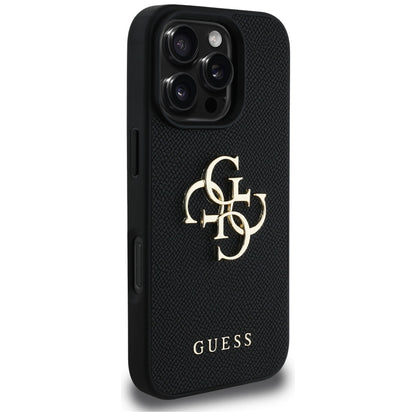 Калъф за Apple iPhone 16 Pro, Guess, Grained Big 4G Logo Small Classic Logo, Черен
