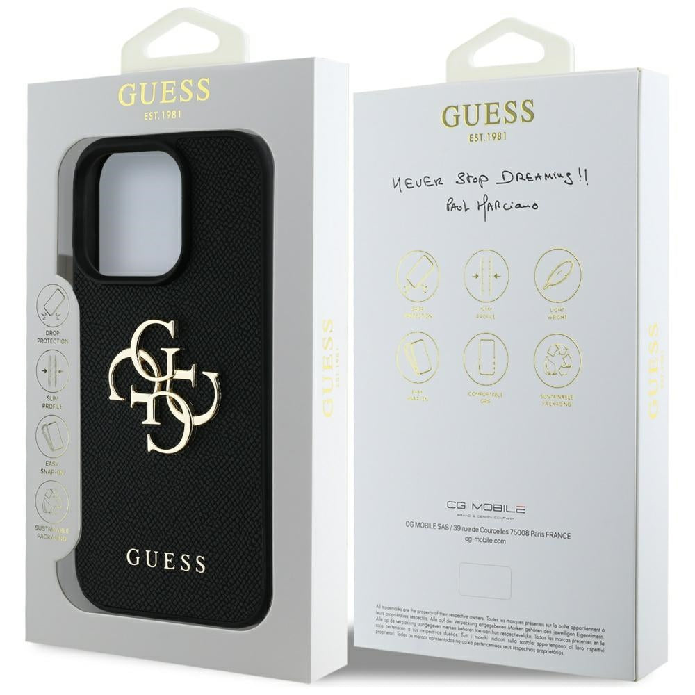 Калъф за Apple iPhone 16 Pro, Guess, Grained Big 4G Logo Small Classic Logo, Черен