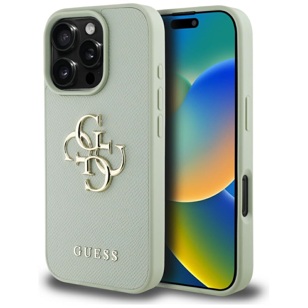 Калъф за Apple iPhone 16 Pro, Guess, Grained Big 4G Logo Small Classic Logo, зелен