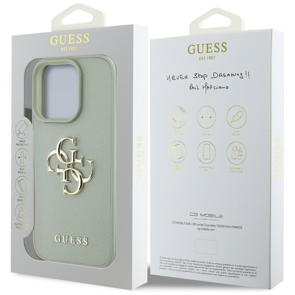 Калъф за Apple iPhone 16 Pro, Guess, Grained Big 4G Logo Small Classic Logo, зелен