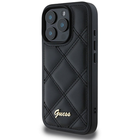 Калъф за Apple iPhone 16 Pro, Guess, Quilted Metal Logo, Черен