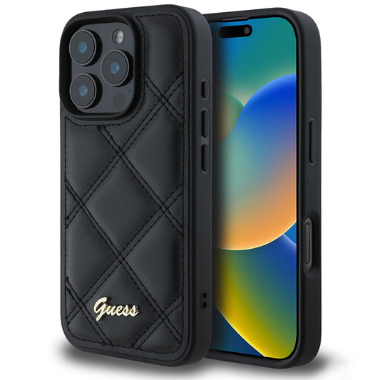 Калъф за Apple iPhone 16 Pro, Guess, Quilted Metal Logo, Черен
