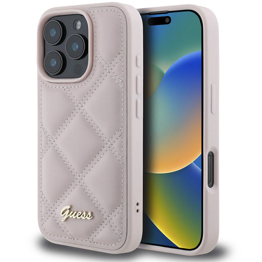 Калъф за Apple iPhone 16 Pro, Guess, Quilted Metal Logo, Розов