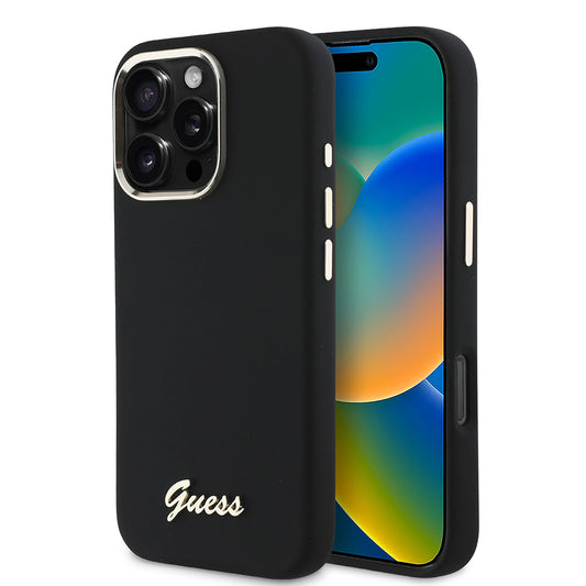 Калъф за Apple iPhone 16 Pro, Guess, Script Metal Logo & Frame, Черен