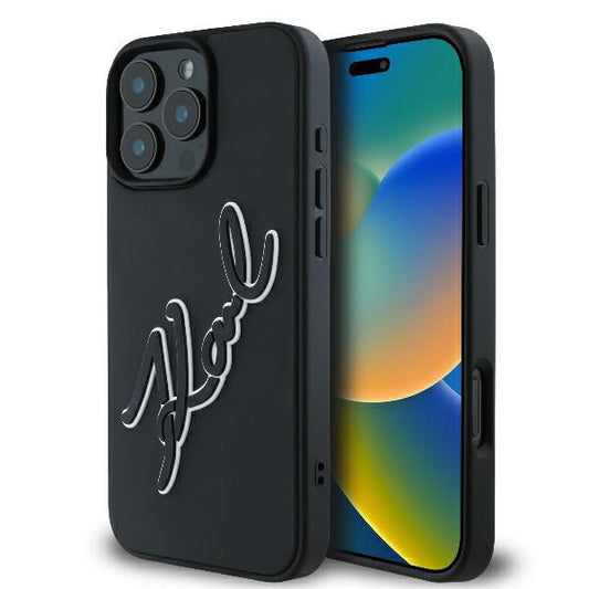 Калъф за Apple iPhone 16 Pro, Karl Lagerfeld, 3D Rubber Signature, Черен