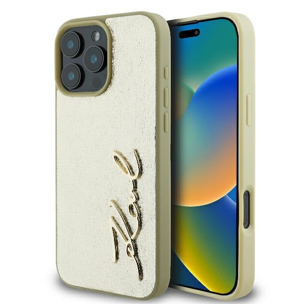 Калъф за Apple iPhone 16 Pro, Karl Lagerfeld, Metal Signature, Златист