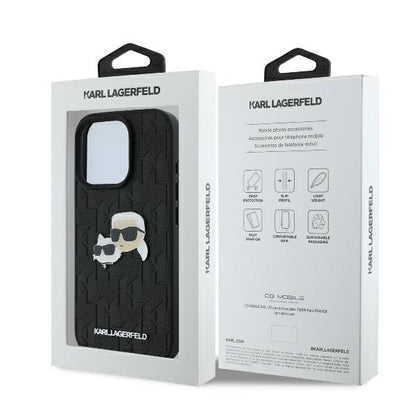 Case for Apple iPhone 16 Pro, Karl Lagerfeld, Monogram Karl & Choupette's Heads, Black