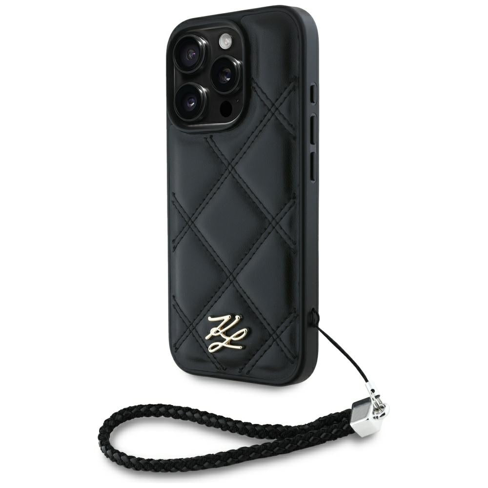 Case for Apple iPhone 16 Pro, Karl Lagerfeld, Quilted Initial Logo & Chain Strap, Black