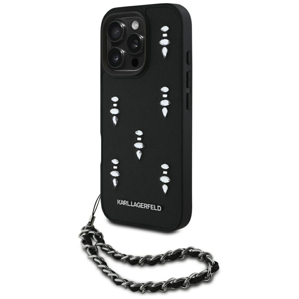 Калъф за Apple iPhone 16 Pro, Karl Lagerfeld, Saffiano Crystals & Charm, Черен