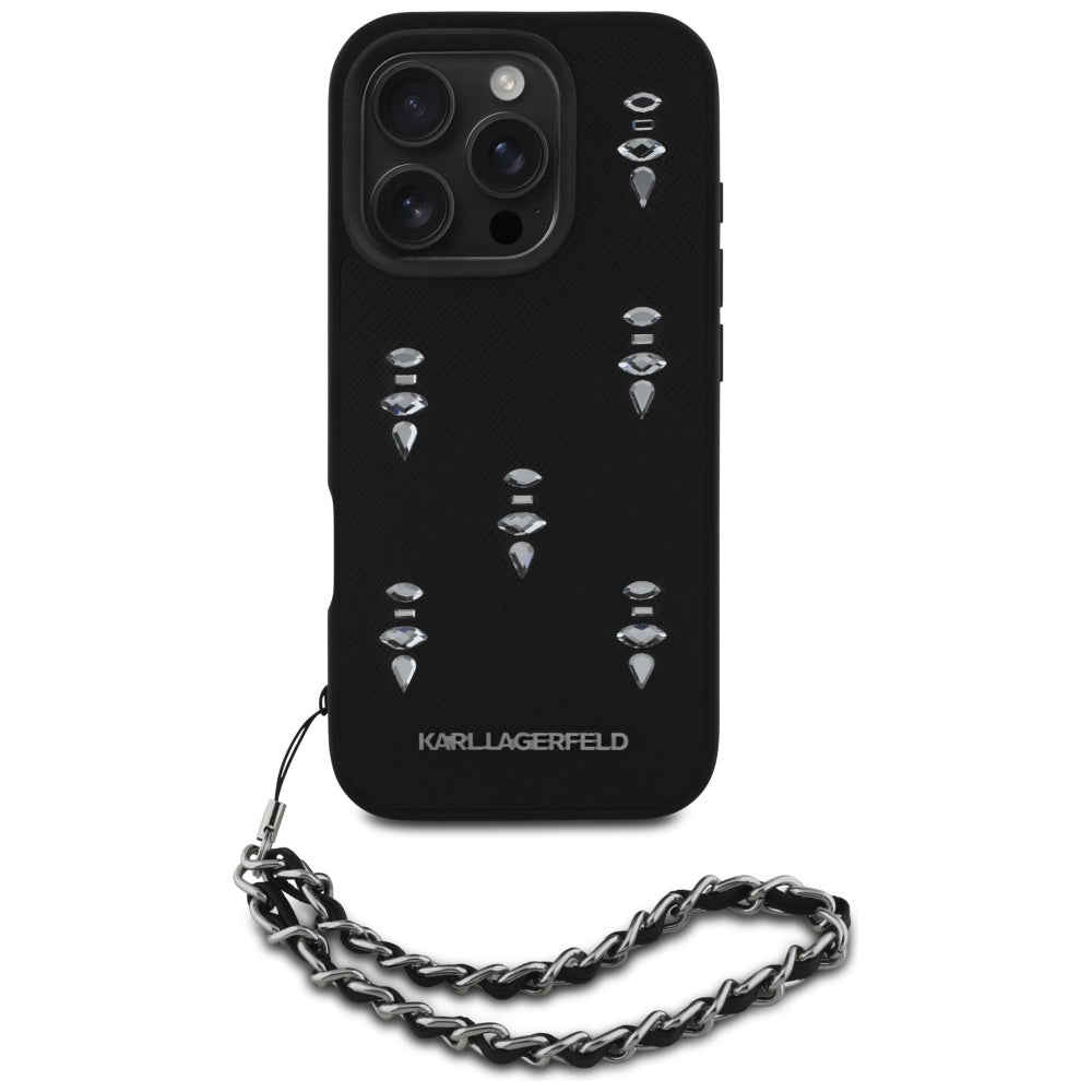 Калъф за Apple iPhone 16 Pro, Karl Lagerfeld, Saffiano Crystals & Charm, Черен