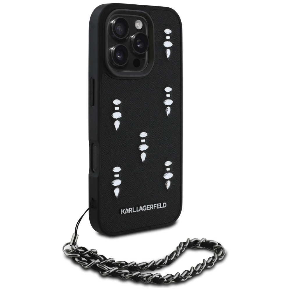 Калъф за Apple iPhone 16 Pro, Karl Lagerfeld, Saffiano Crystals & Charm, Черен