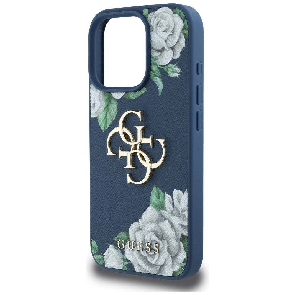 Case for Apple iPhone 16 Pro Max, Guess, 4G Grained Roses Big Logo, Blue