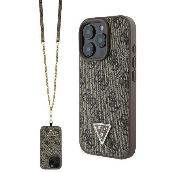 Калъф за Apple iPhone 16 Pro Max, Guess, Crossbody 4G Triangle Strass, Кафяв