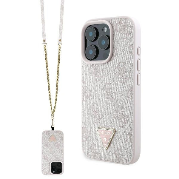 Калъф за Apple iPhone 16 Pro Max, Guess, Crossbody 4G Triangle Strass, Розов