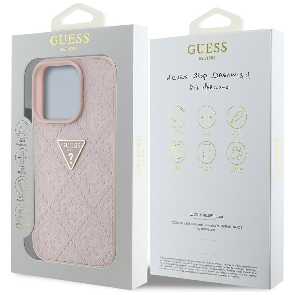 Калъф за Apple iPhone 16 Pro Max, Guess, Hot Stamp 4G Pattern Triangle Logo, Розов