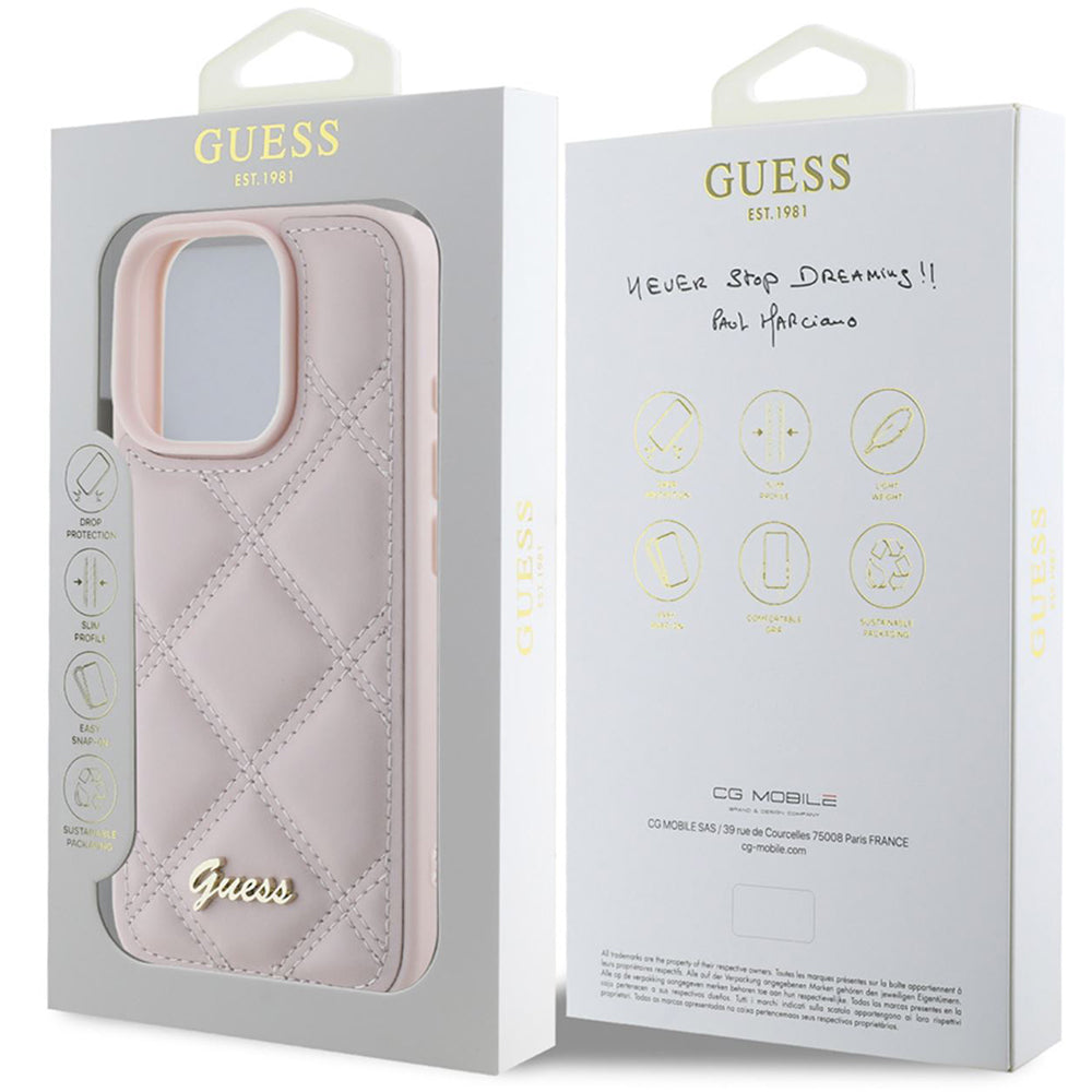 Калъф за Apple iPhone 16 Pro Max, Guess, Quilted Metal Logo, Розов