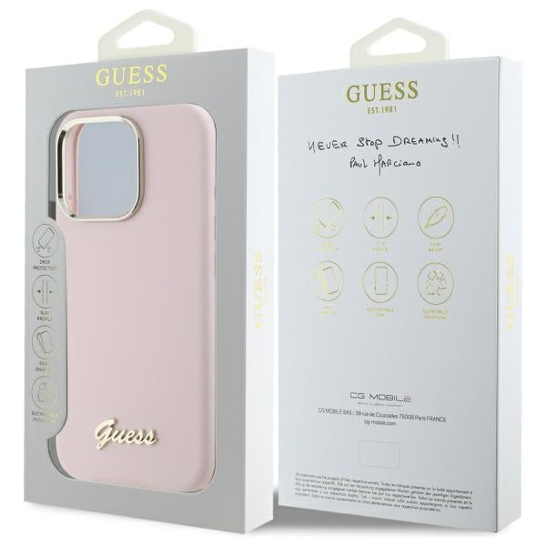 Калъф за Apple iPhone 16 Pro Max, Guess, Script Metal Logo & Frame, Светлорозов
