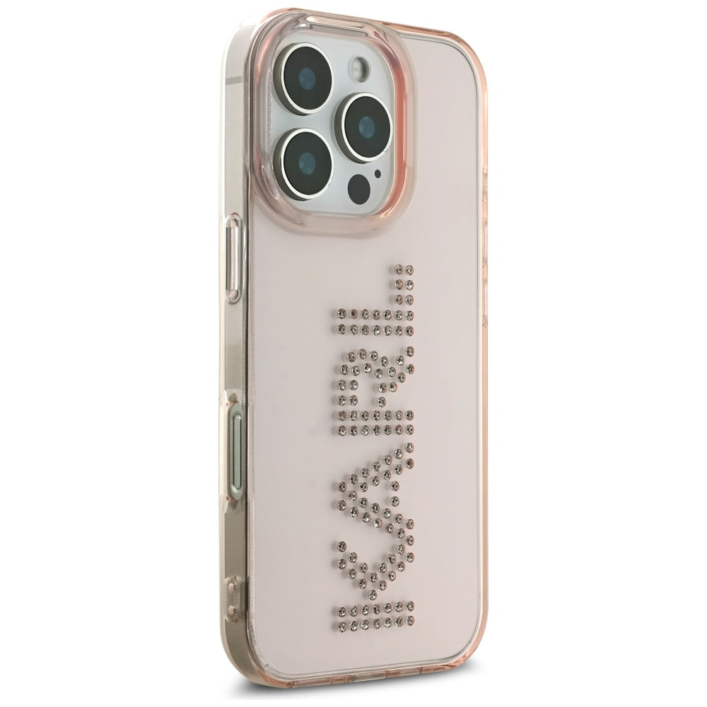 Калъф за Apple iPhone 16 Pro Max, Karl Lagerfeld, IML Rhinestones Pink Logo, Розов