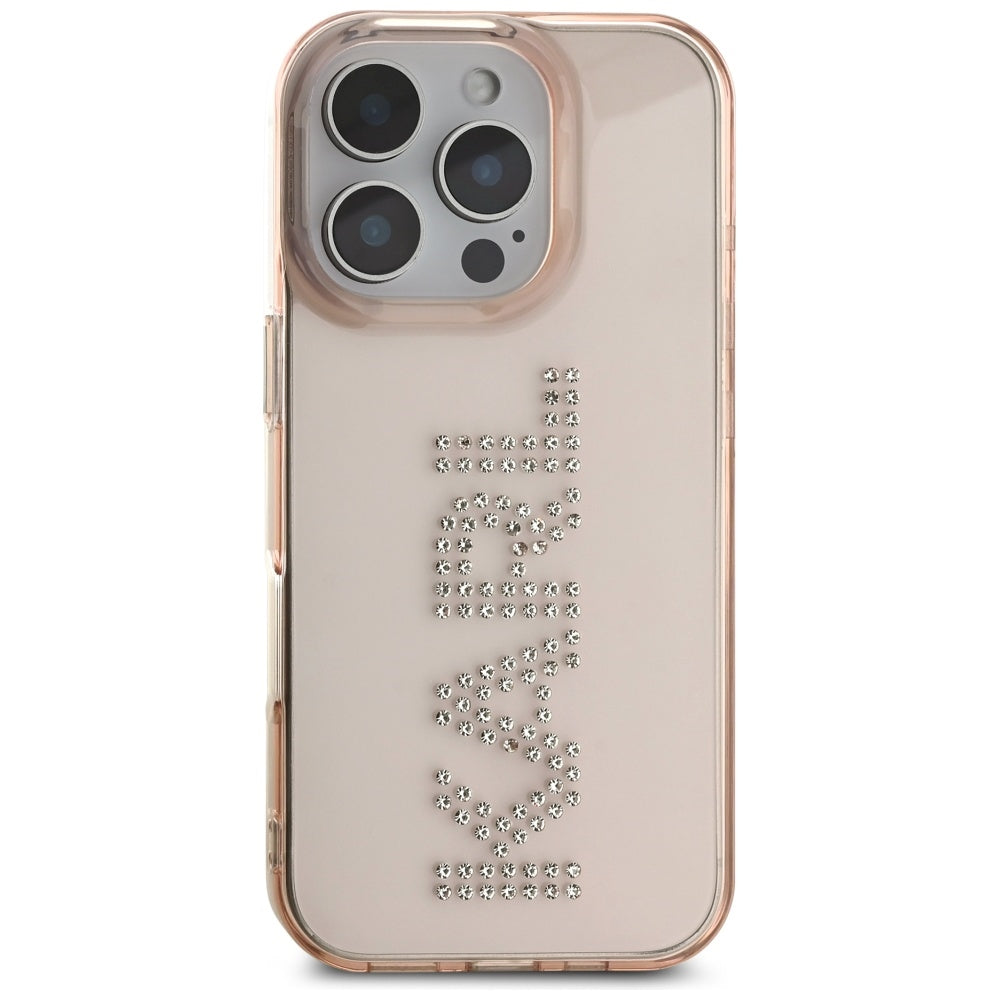 Калъф за Apple iPhone 16 Pro Max, Karl Lagerfeld, IML Rhinestones Pink Logo, Розов