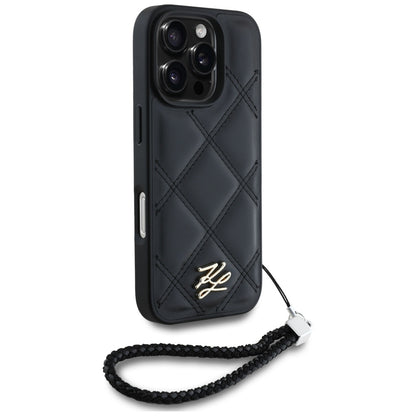 Case for Apple iPhone 16 Pro Max, Karl Lagerfeld, Quilted Initial Logo & Chain Strap, Black