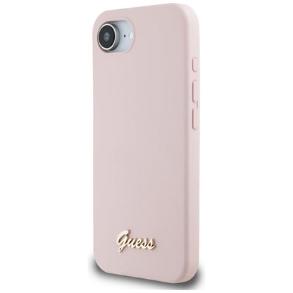 Case for Apple iPhone 16e, Guess, Script Metal Logo, Pink