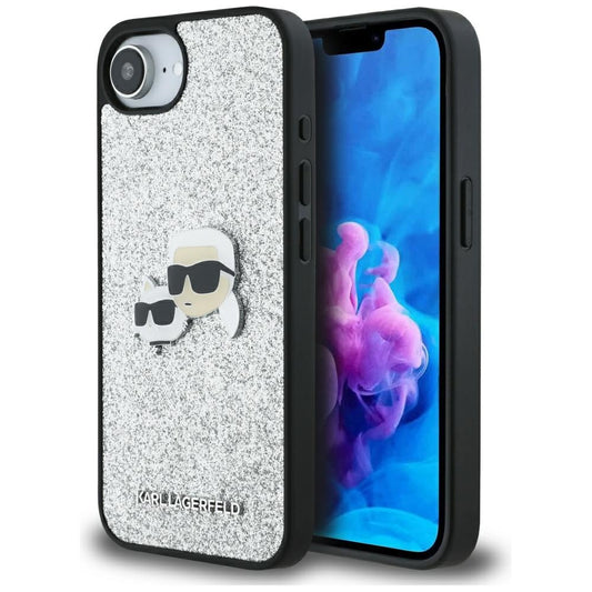 Калъф за Apple iPhone 16e, Karl Lagerfeld, Glitter Fixed Karl & Choupette's Heads, Сребрист