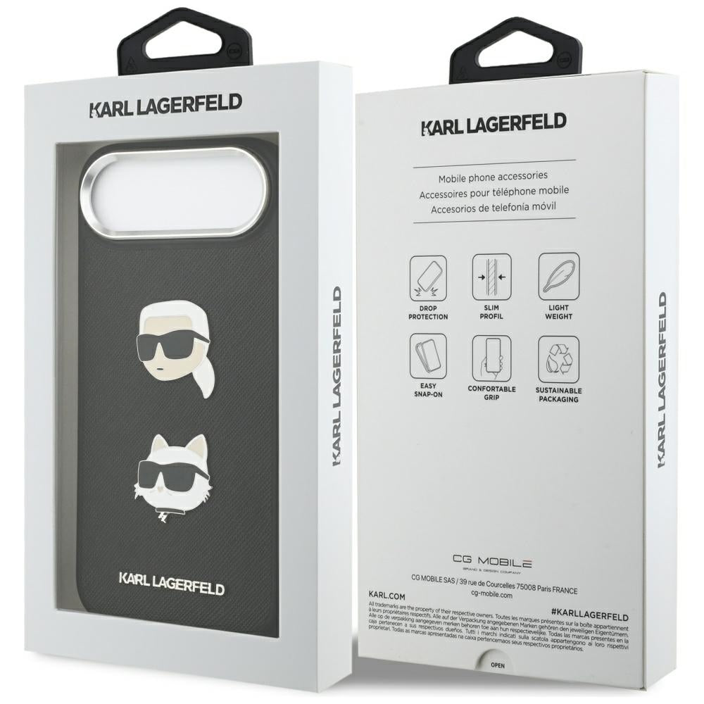 Калъф за Apple iPhone 17 Air, Karl Lagerfeld, Grained Karl & Choupette's Heads Pins and Logo, Черен