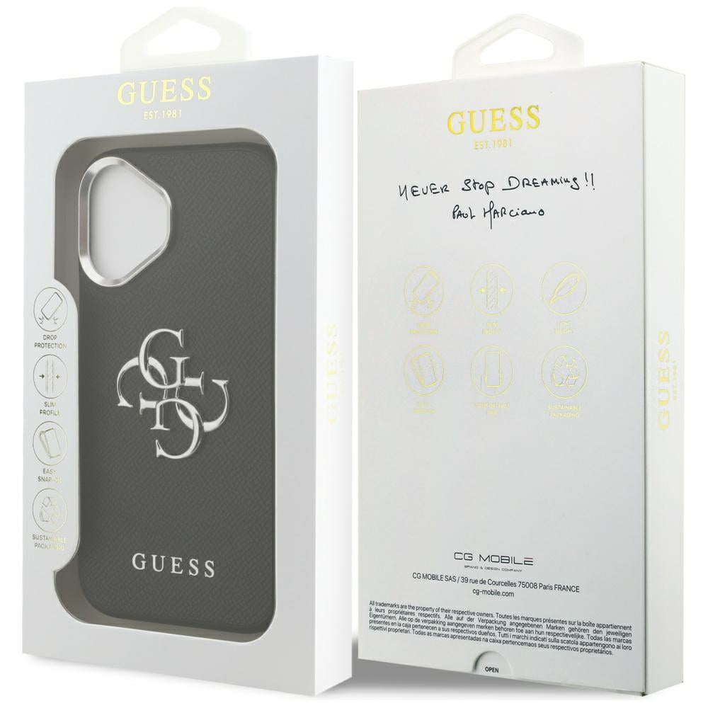 Калъф за Apple iPhone 17, Guess, 4G Grained Big and Classic Logo, Черно Сребрист