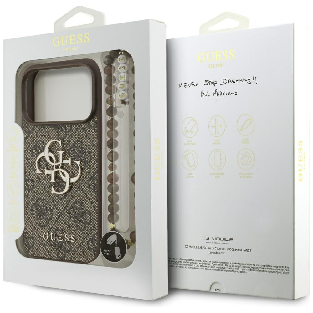 Калъф за Apple iPhone 17 Pro, Guess, 4G Classic Logo with Pearl Strap, Кафяв