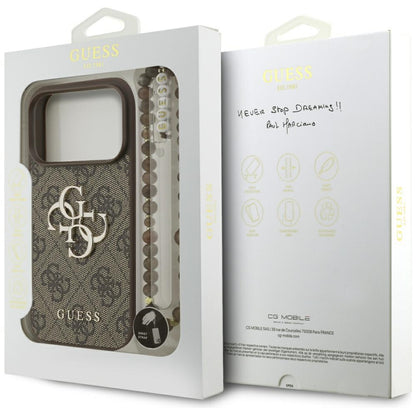 Калъф за Apple iPhone 17 Pro, Guess, 4G Classic Logo with Pearl Strap, Кафяв