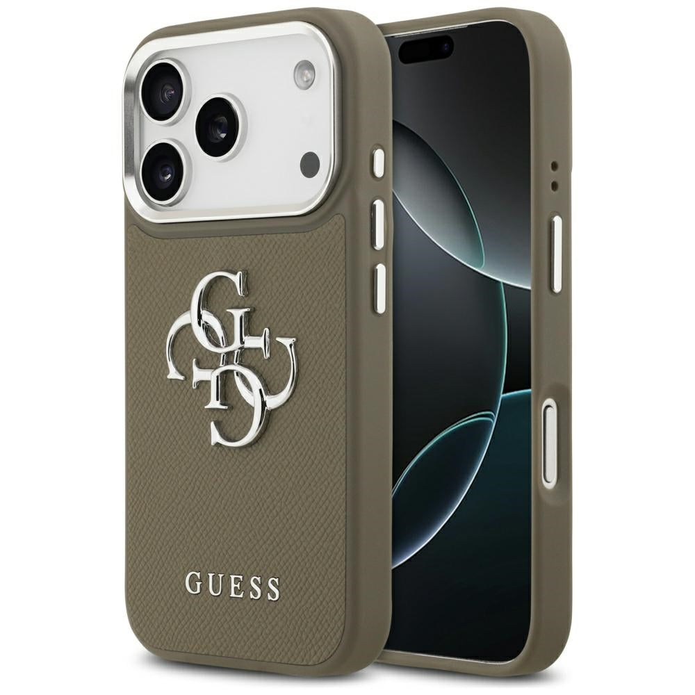 Калъф за Apple iPhone 17 Pro, Guess, 4G Grained Big And Classic Logo, Кафяво Сребрист