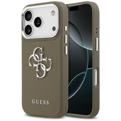 Калъф за Apple iPhone 17 Pro, Guess, 4G Grained Big And Classic Logo, Кафяво Сребрист