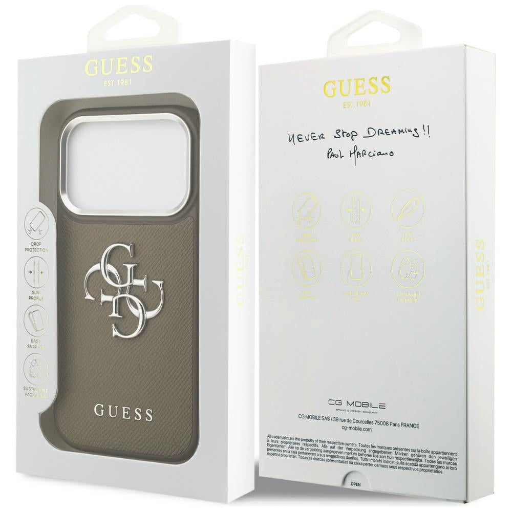 Калъф за Apple iPhone 17 Pro, Guess, 4G Grained Big And Classic Logo, Кафяво Сребрист