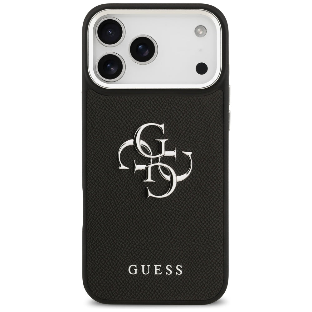Калъф за Apple iPhone 17 Pro, Guess, 4G Grained Big and Classic Logo, Черен Сребрист