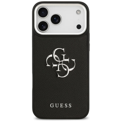 Калъф за Apple iPhone 17 Pro, Guess, 4G Grained Big and Classic Logo, Черен Сребрист