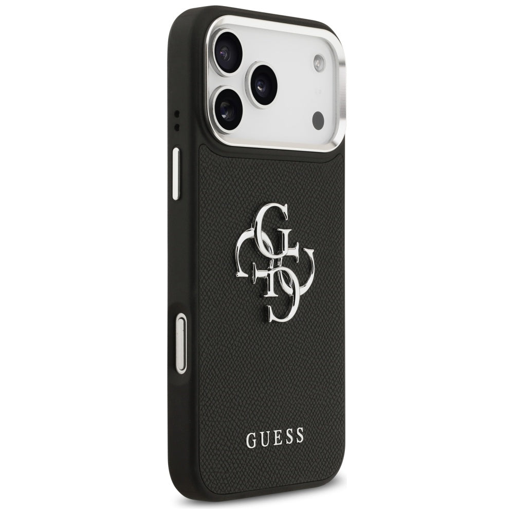 Калъф за Apple iPhone 17 Pro, Guess, 4G Grained Big and Classic Logo, Черен Сребрист