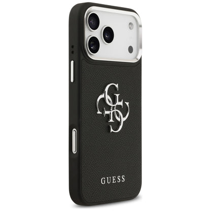 Калъф за Apple iPhone 17 Pro, Guess, 4G Grained Big and Classic Logo, Черен Сребрист