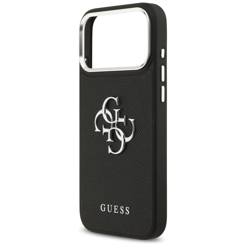 Калъф за Apple iPhone 17 Pro, Guess, 4G Grained Big and Classic Logo, Черен Сребрист