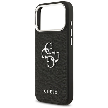 Калъф за Apple iPhone 17 Pro, Guess, 4G Grained Big and Classic Logo, Черен Сребрист