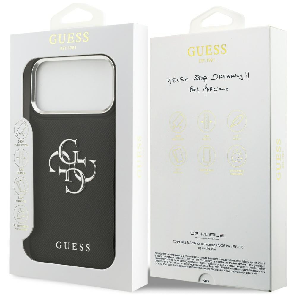 Калъф за Apple iPhone 17 Pro, Guess, 4G Grained Big and Classic Logo, Черен Сребрист