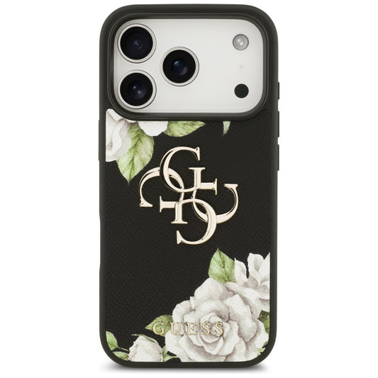 Калъф за Apple iPhone 17 Pro, Guess, 4G Grained Roses Big Logo, Черен