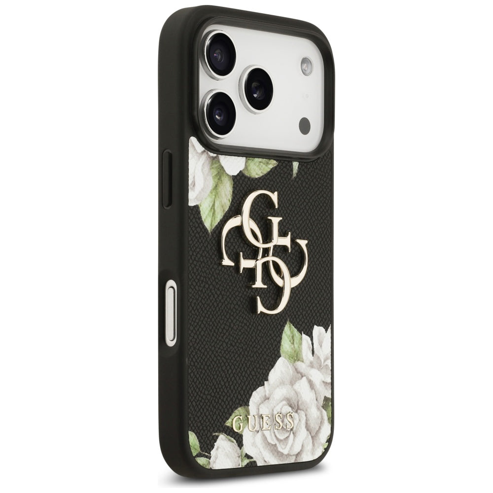 Калъф за Apple iPhone 17 Pro, Guess, 4G Grained Roses Big Logo, Черен