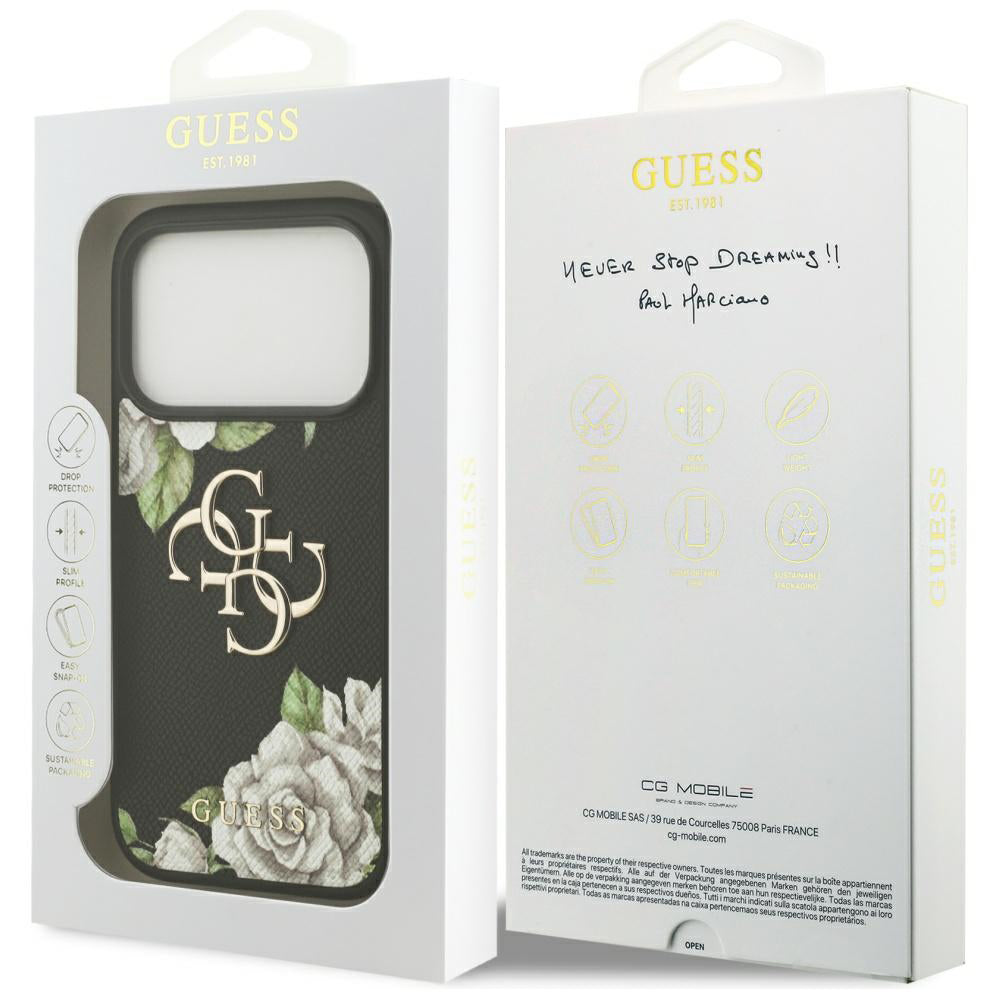Калъф за Apple iPhone 17 Pro, Guess, 4G Grained Roses Big Logo, Черен