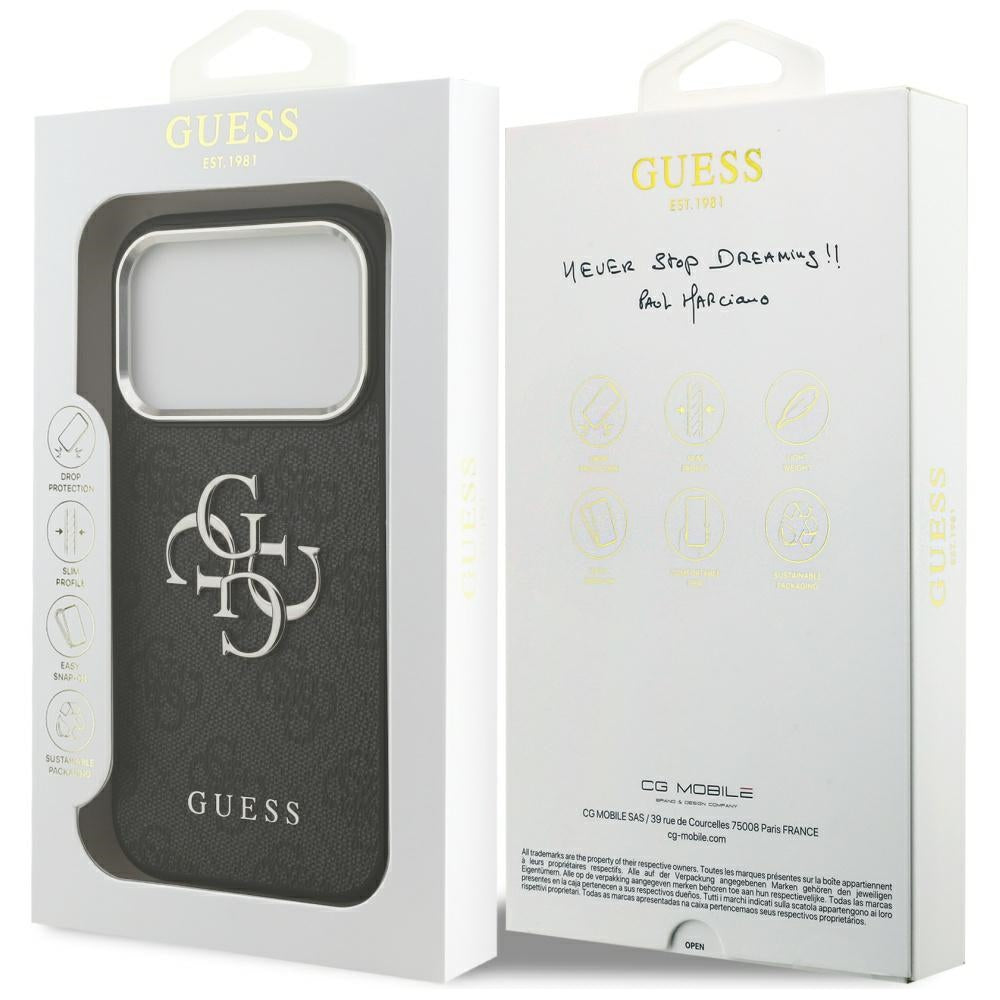 Калъф за Apple iPhone 17 Pro, Guess, Big 4G Logo Classic, Черен Сребрист