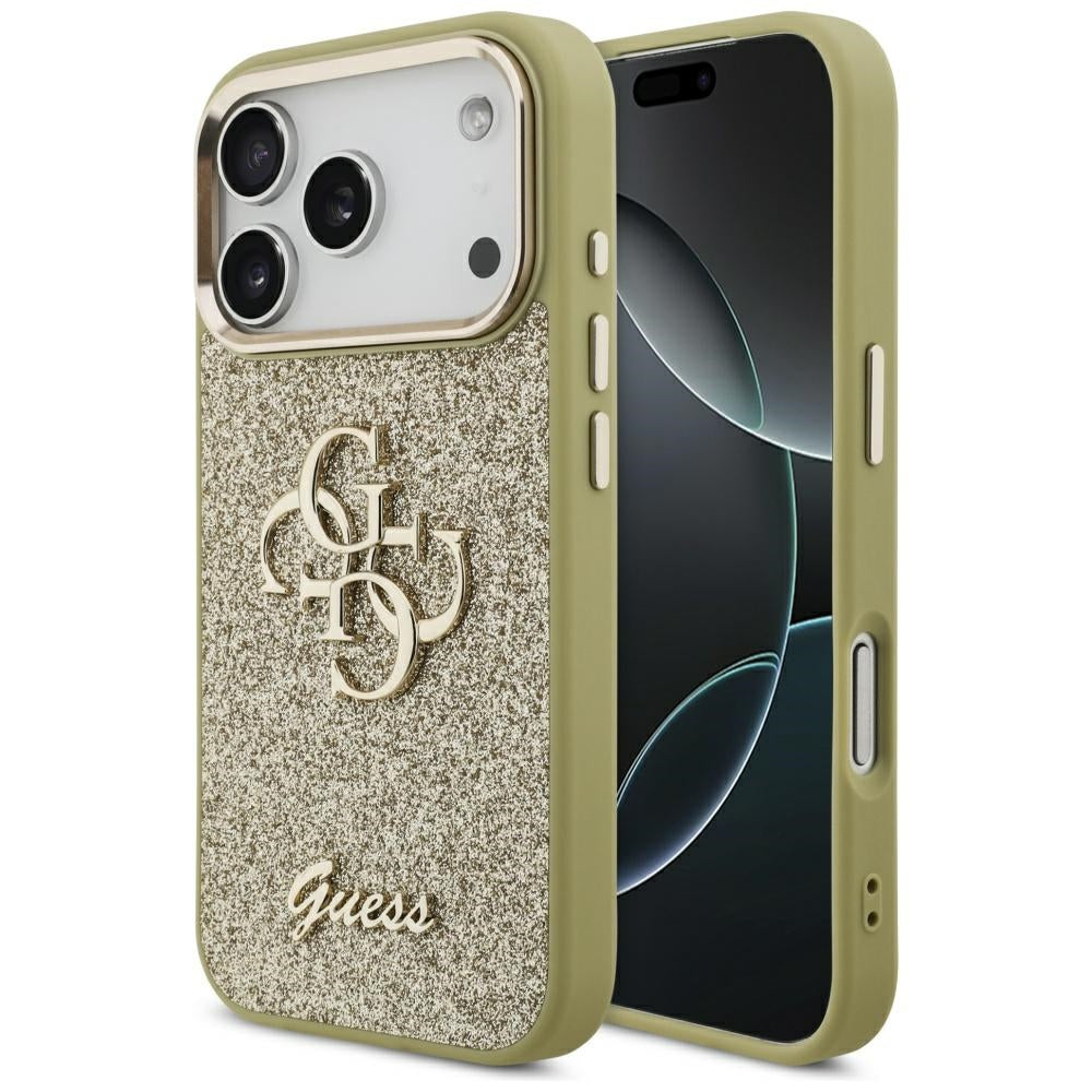 Case for Apple iPhone 17 Pro, Guess, Fixed Glitter Big 4G Metal Frame, Gold