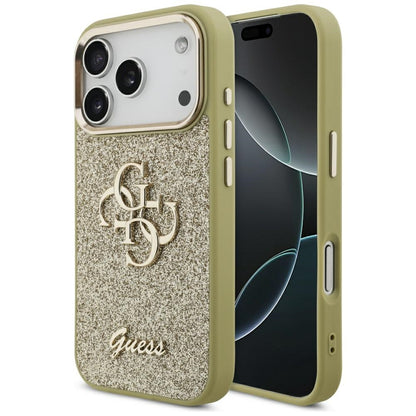 Case for Apple iPhone 17 Pro, Guess, Fixed Glitter Big 4G Metal Frame, Gold