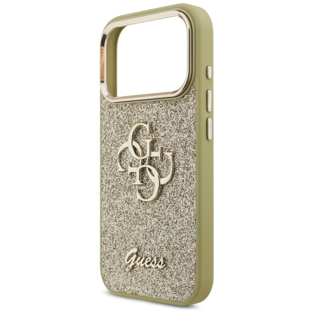 Case for Apple iPhone 17 Pro, Guess, Fixed Glitter Big 4G Metal Frame, Gold