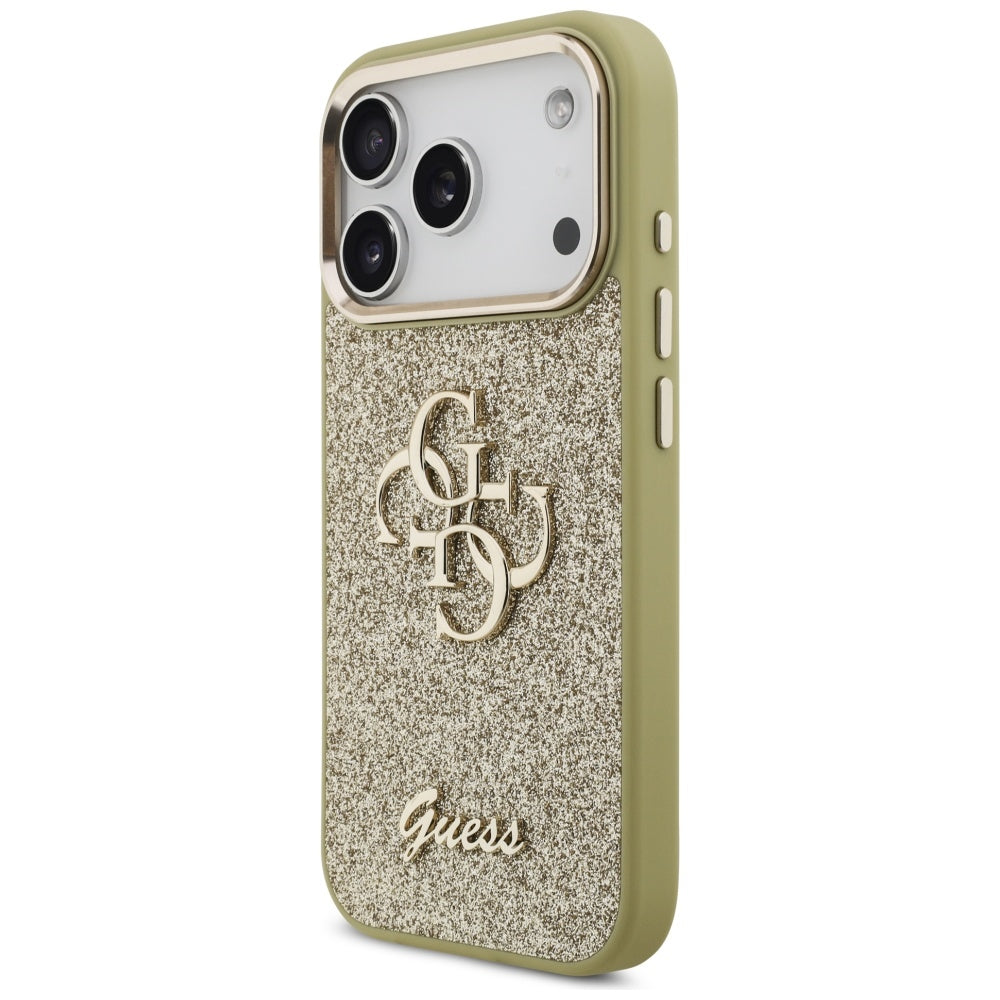 Case for Apple iPhone 17 Pro, Guess, Fixed Glitter Big 4G Metal Frame, Gold