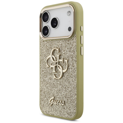 Case for Apple iPhone 17 Pro, Guess, Fixed Glitter Big 4G Metal Frame, Gold