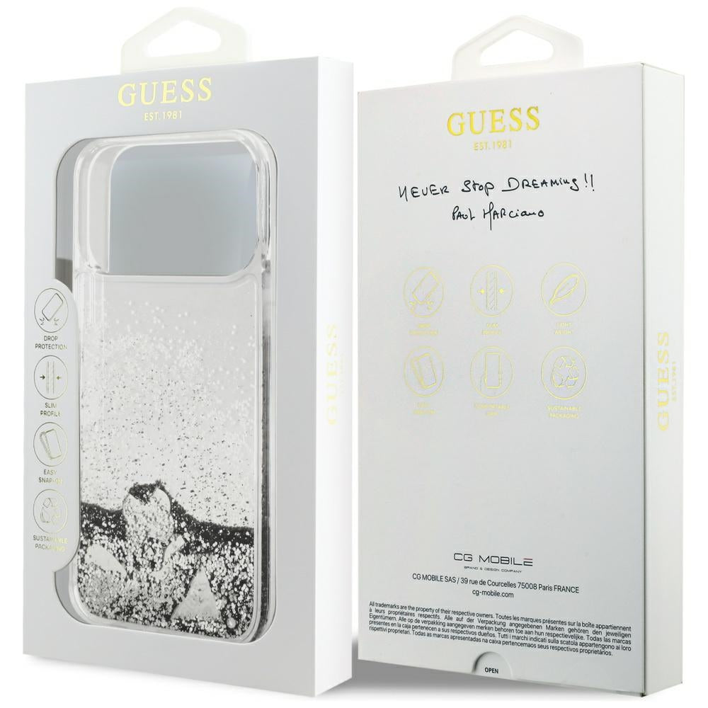 Калъф за Apple iPhone 17 Pro, Guess, Liquid Glitter Charms, Сребрист